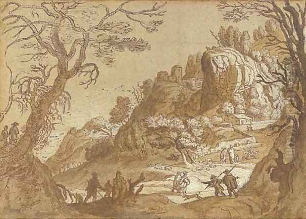 An extensive mountain landscape seen through trees, with peasants and their flocks and travellers on a road beyond Oil Painting by Matthaus the Elder Merian