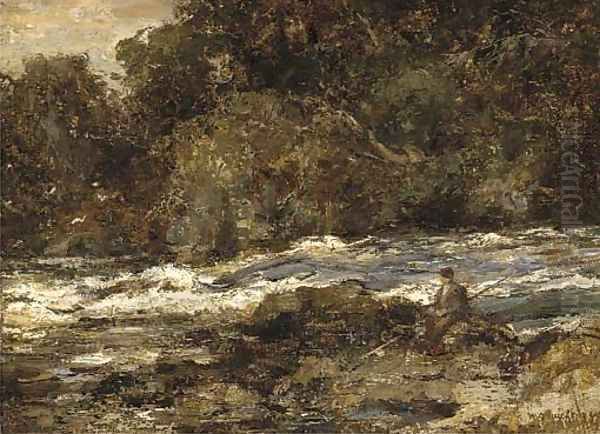 An angler on the bank of a rocky river by William Stewart MacGeorge