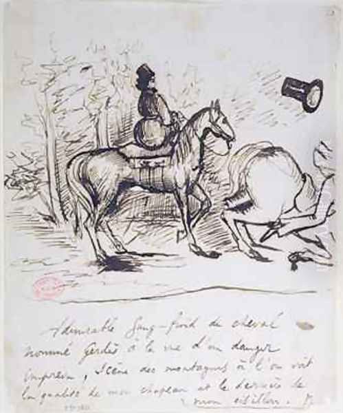 George Sands horse displaying sangfroid behind the stumbling horse of Alfred de Musset 1810-57 Oil Painting by Alfred de Musset