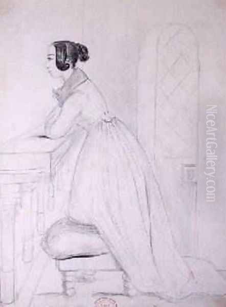 George Sand 1804-76 kneeling on a pouffe and with her elbows on a balustrade 1833 Oil Painting by Alfred de Musset