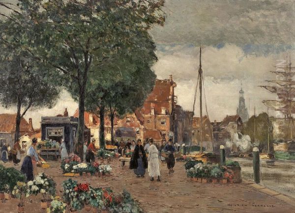 Blumenmarkt Inamsterdam Oil Painting by Heinrich Hermanns