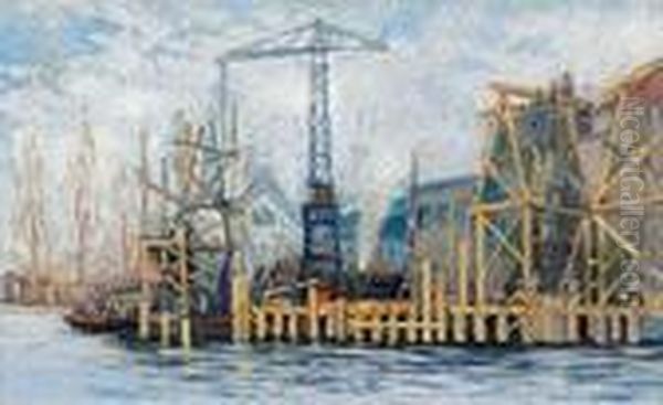 Darstellung Umfangreicher Fundamentarbeiten In Einem Hafen Oil Painting by Heinrich Hermanns