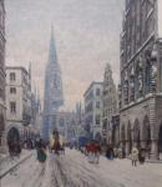 Winterliche Stadtszenerie Mit Pferdekutschen Oil Painting by Heinrich Hermanns