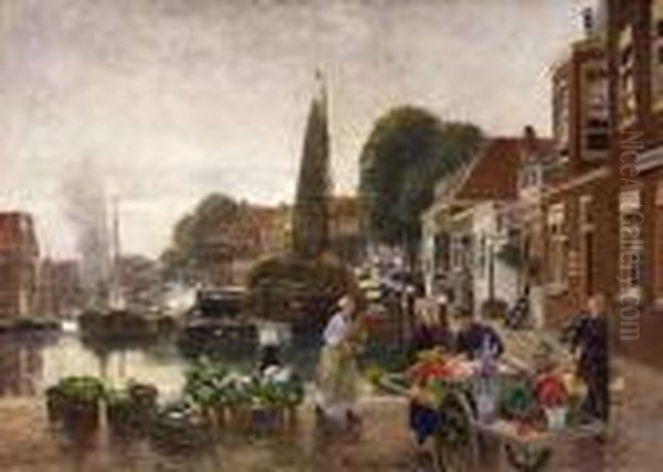 Flower Market By The Harbour Of Dordrecht Oil Painting by Heinrich Hermanns