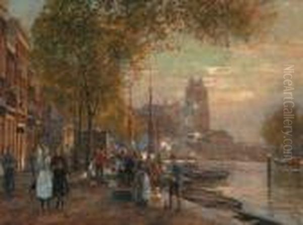 Dutch Canal Scene Oil Painting by Heinrich Hermanns