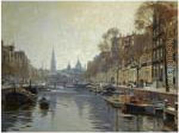 A View Of The Kloveniersburgwal, Amsterdam Oil Painting by Heinrich Hermanns