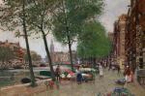 Blumenmarkt In Amsterdam Oil Painting by Heinrich Hermanns