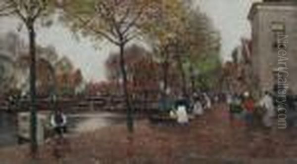 Markt An Einer Gracht Oil Painting by Heinrich Hermanns