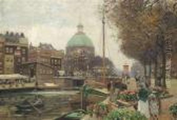 Flower Marketat A Canal Of A Dutch Town Oil Painting by Heinrich Hermanns