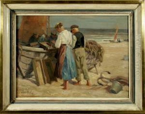 Fischerund Fischerin Beim Netze Flicken Am Strand Von Katwijk Oil Painting by Heinrich Hermanns