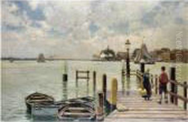 Figures By A Dutch Harbour Oil Painting by Heinrich Hermanns