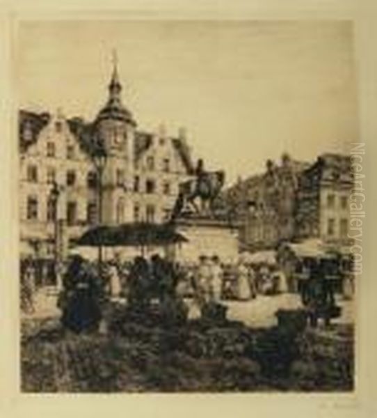 Dusseldorfer Marktplatz Mit 
Rathaus Und Dem Reiterstandbild Des Kurfursten Johann Wilhelm Oil Painting by Heinrich Hermanns