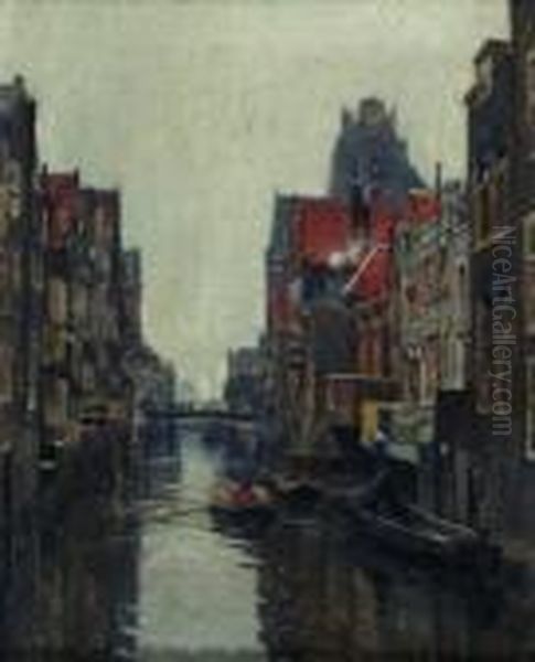 Gracht In Delft Oil Painting by Heinrich Hermanns