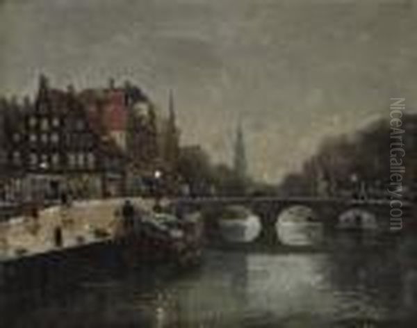 Amsterdam. View On The Prinsengracht In The Evening Shimmer. Oil Painting by Heinrich Hermanns