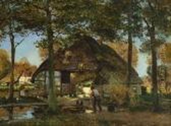 Bauernhaus Unter Baumen. Oil Painting by Heinrich Hermanns