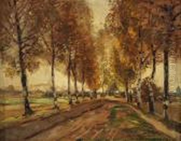 Birkenallee Im Herbst. Oil Painting by Heinrich Hermanns