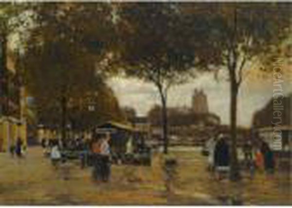 A Marketday In Dordrecht Oil Painting by Heinrich Hermanns