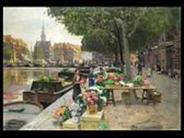 Blumenmarkt In
 Amsterdam Oil Painting by Heinrich Hermanns