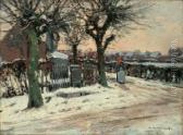 Winterliche Strassenszene. Oil Painting by Heinrich Hermanns