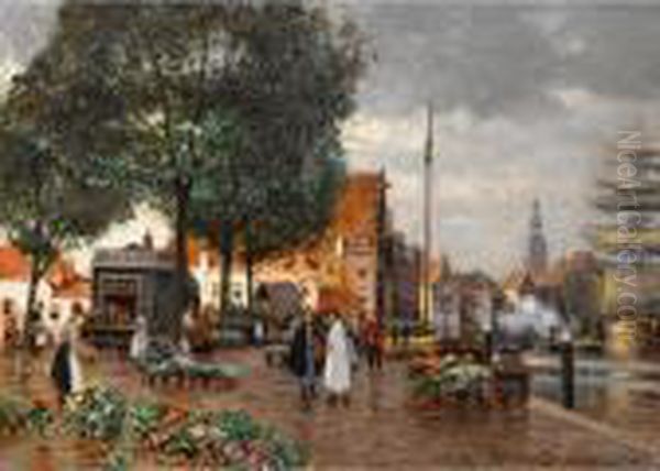 The Flower Market In Amsterdam Oil Painting by Heinrich Hermanns