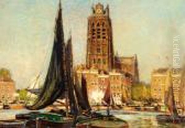 The Harbour Of Dordrecht Oil Painting by Heinrich Hermanns