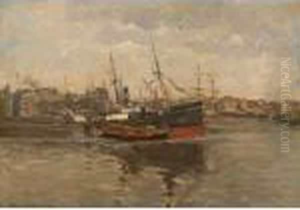 Ships In The Harbour Oil Painting by Heinrich Hermanns