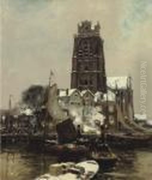 Dordrecht Harbour At Dusk In Winter Oil Painting by Heinrich Hermanns