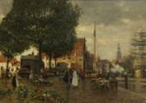 Hollandischer
 Blumenmarkt. Oil Painting by Heinrich Hermanns