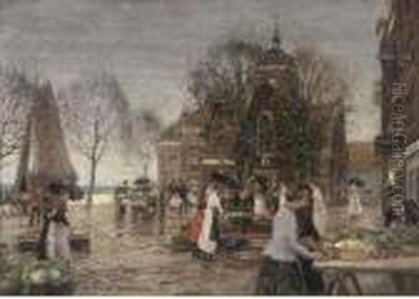 A Dutch Flower Market Oil Painting by Heinrich Hermanns