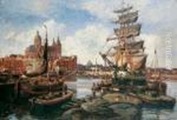 Im Hafen Von Amsterdam. Oil Painting by Heinrich Hermanns