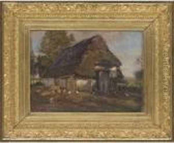 Sweeping The Farmyard Oil Painting by Heinrich Hermanns