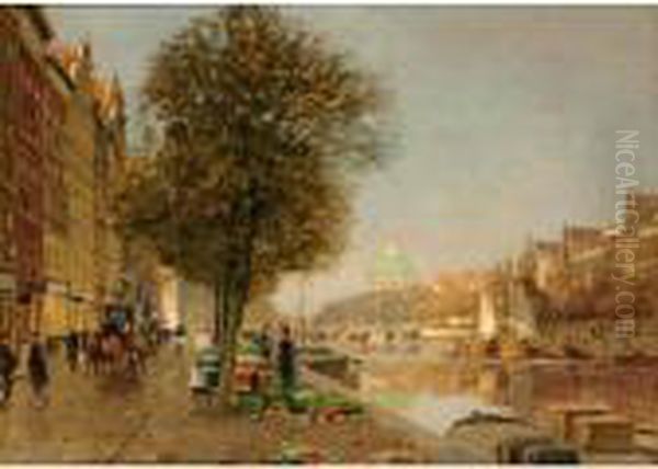 Flower Market On The Singel In Amsterdam Oil Painting by Heinrich Hermanns