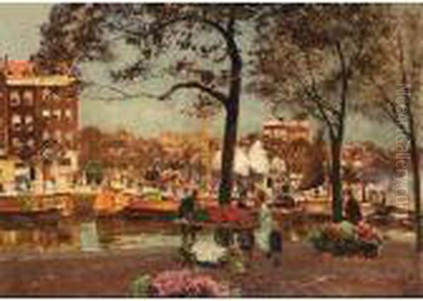 The Flowermarket, Amsterdam Oil Painting by Heinrich Hermanns