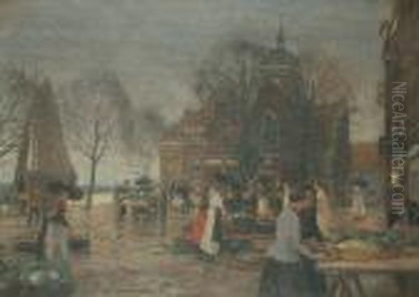 A Busy Market Square. Oil Painting by Heinrich Hermanns