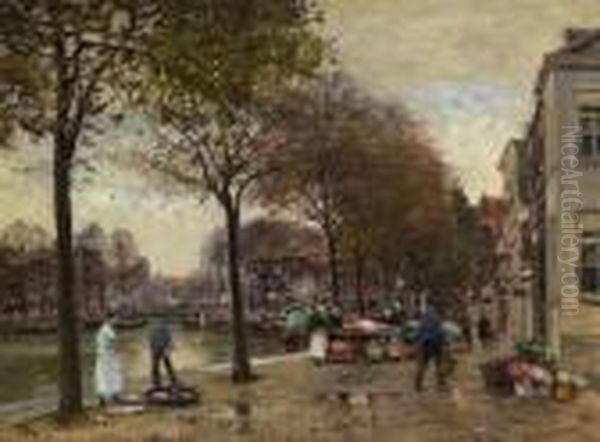 Hollandischer
 Blumenmarkt. Oil Painting by Heinrich Hermanns