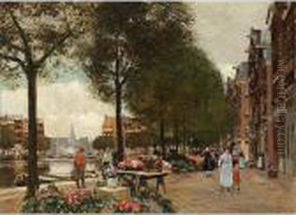 A View Of The Flower Market In Amsterdam With The Munt Tower In The Background Oil Painting by Heinrich Hermanns