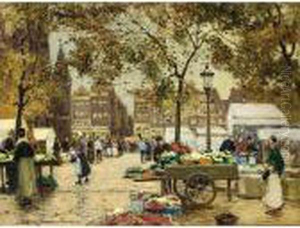 At The Flower Market Oil Painting by Heinrich Hermanns