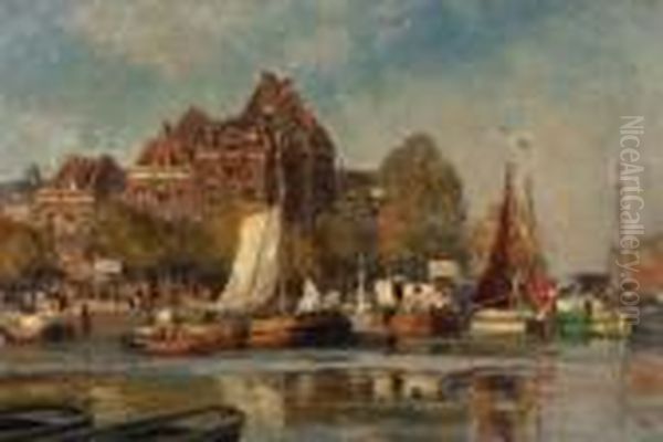 Hauserzeile An Einem Kanal In
 Niederlandischer Stadt Oil Painting by Heinrich Hermanns