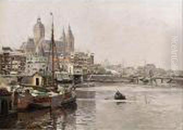 A View Of The St. Nicholaas Church And Prins Hendrik Quay, Amsterdam Oil Painting by Heinrich Hermanns