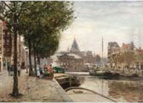 A View Of The Nieuwmarkt, Amsterdam Oil Painting by Heinrich Hermanns