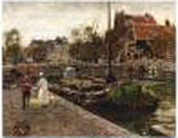 A View Of A Canal, Amsterdam Oil Painting by Heinrich Hermanns