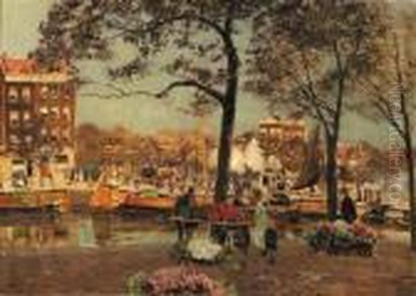 Flower Market, Amsterdam Oil Painting by Heinrich Hermanns