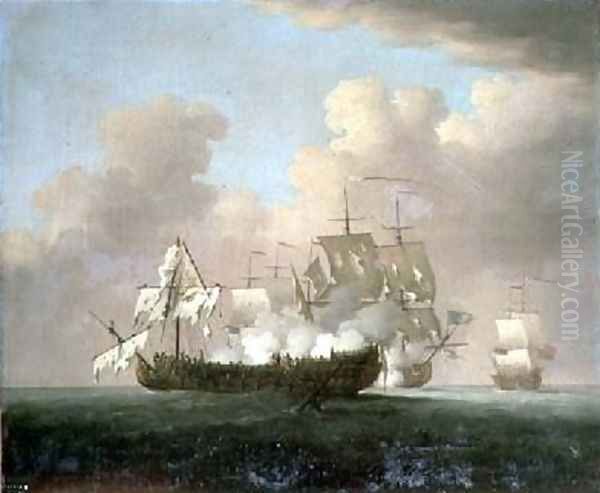 A Naval Engagement Oil Painting by Peter Monamy