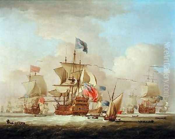 British Men-of-War and a Sloop 1720-30 Oil Painting by Peter Monamy