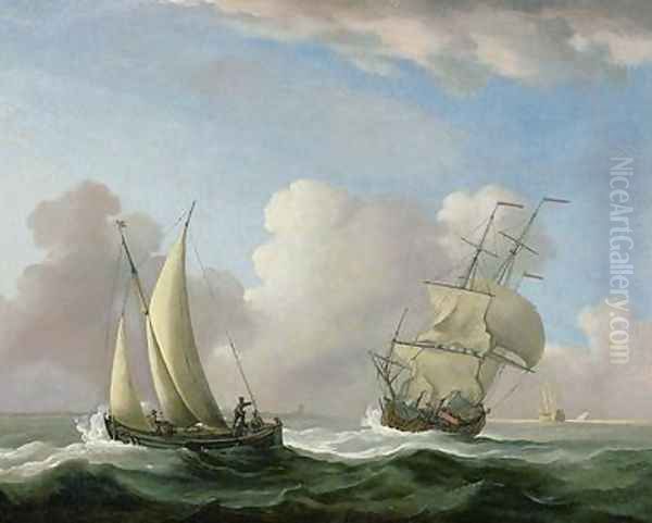 A Man-o-War in a Swell and a Sailing Boat Oil Painting by Peter Monamy