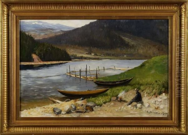 Norrlandskt Insjolandskap Oil Painting by Olof Hermelin