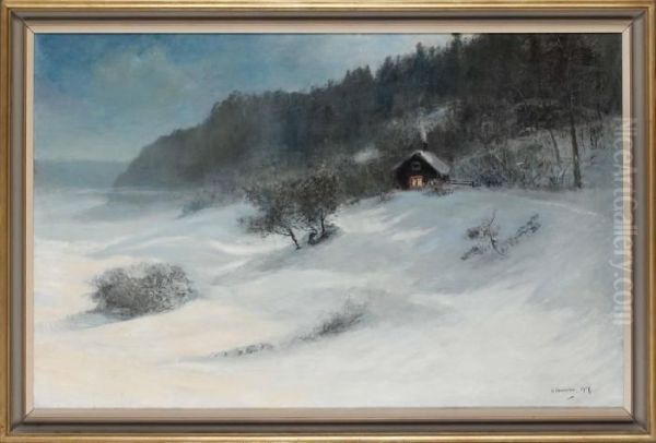 Stuga I Vinterlandskap Oil Painting by Olof Hermelin