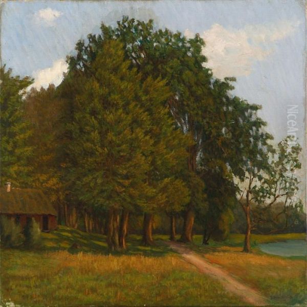 A Landscape With Treesand House Oil Painting by Olof Hermelin