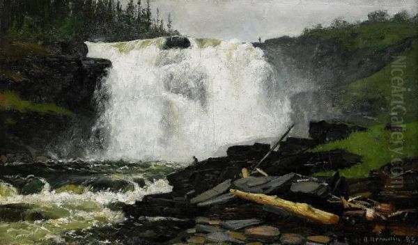 Norrlandskt Landskap Med Vattenfall Oil Painting by Olof Hermelin