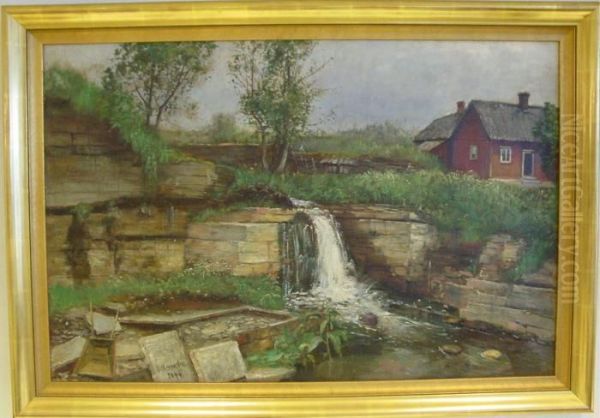 Fors Med Hus I Bakgrunden. Oil Painting by Olof Hermelin